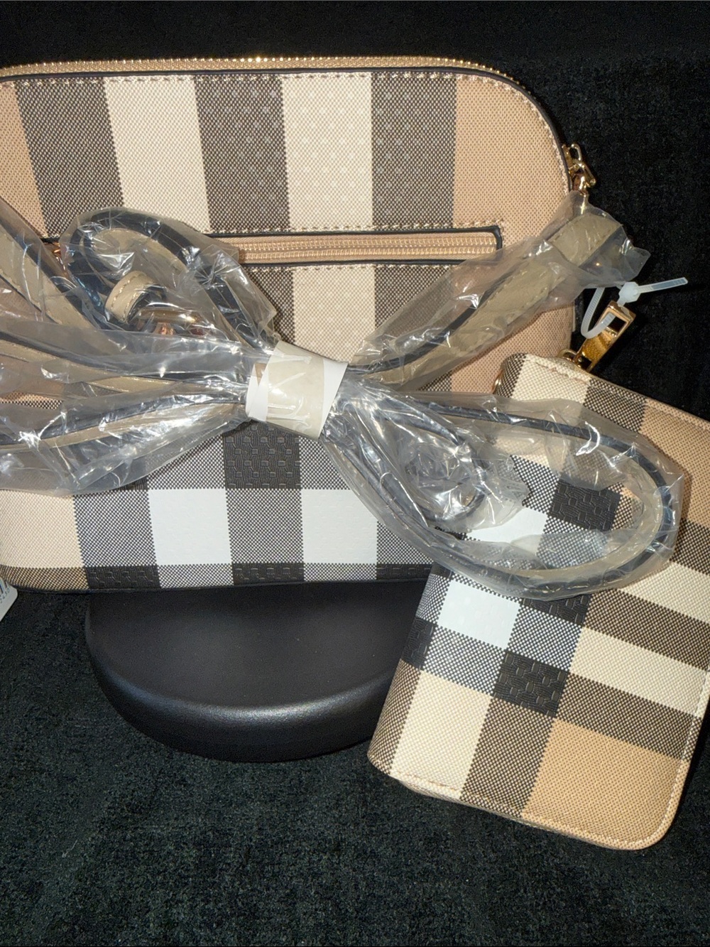 Beige Plaid Crossbody with Matching Wallet